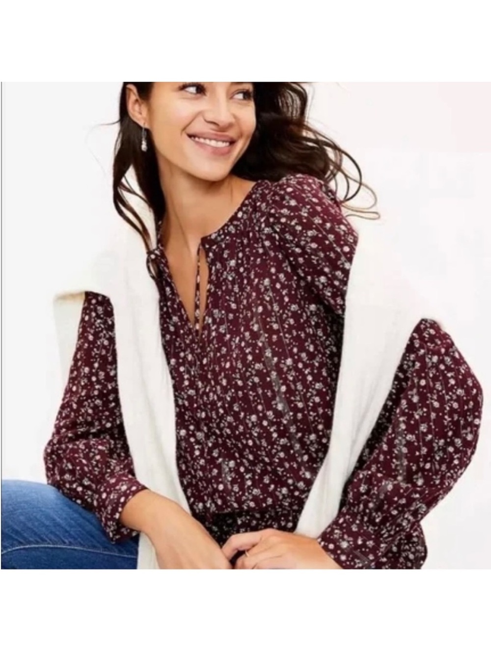 LOFT White Floral and Gold Burgundy Blouse